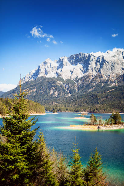 wonderful view of the crystal clear eibsee with the bavarian alps and the zugspitze in the background - wetterstein mountains bavaria mountain forest imagens e fotografias de stock