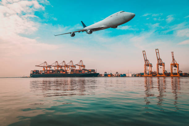 istock Airplane above port. 1396136950