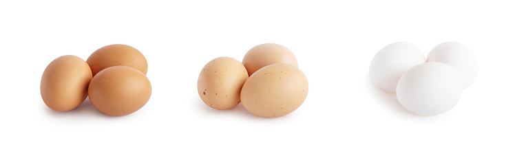 different types of chicken eggs on a white isolated background