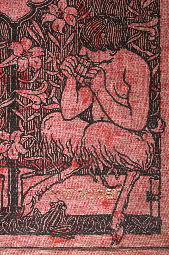 Vintage illustration, Art Nouveau, Faun playing pan pipes to a frog, Classical mythology 19th Century