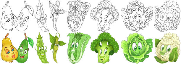 ilustraciones, imágenes clip art, dibujos animados e iconos de stock de colección de verduras de dibujos animados - green bean isolated food white background