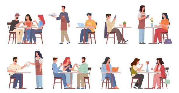 návštěvníci kavárny lidé. osoby sedící v restauracích, pracovní oběd, číšníci přijímají objednávky. muži a ženy jedí a pijí na setkání, vektorová karikatura plochá izolovaná sada - kafeterie podnik podávající na jídlo a pití stock ilustrace