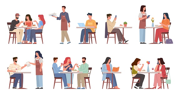 Cafe visitors people. Persons sitting restaurant tables, business lunchtime, waiters take orders. Men and women eating and drinking on meeting, friends conversation vector cartoon flat isolated set