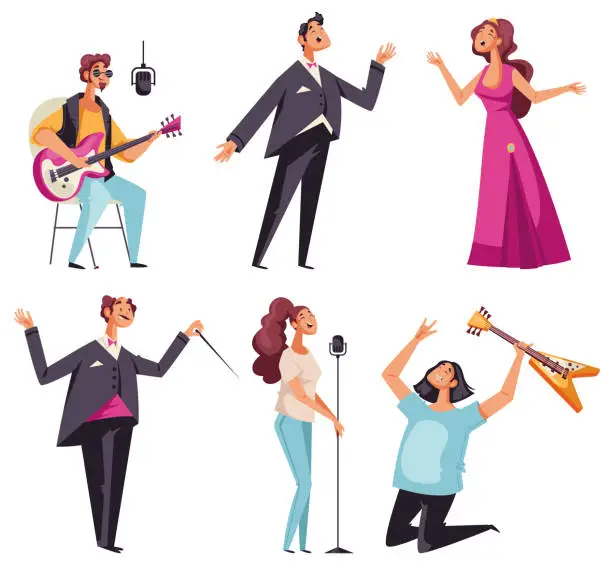 Vector illustration of Musicians different style opera rock old school isolated set. Vector flat cartoon design element illustration