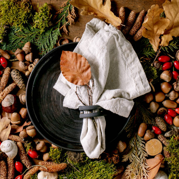 istock Empty plate over ambiance magic autumnal forest background 1396142282