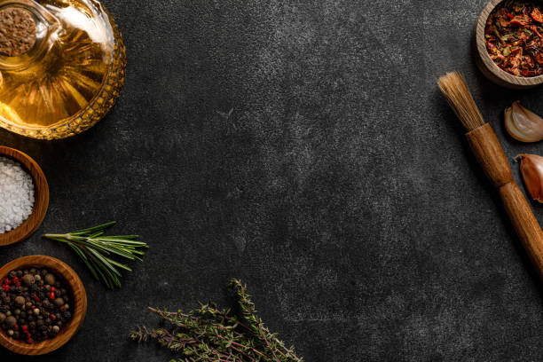 istock Flat lay stone background with spices for steak cooking 1396144396