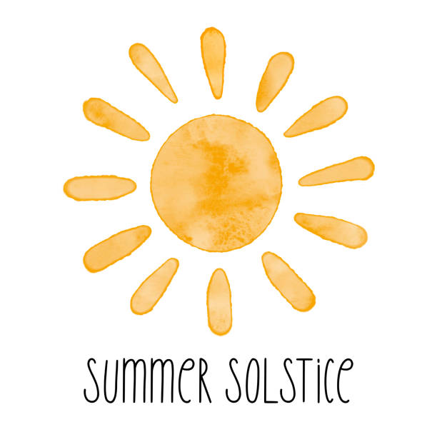 ilustraciones, imágenes clip art, dibujos animados e iconos de stock de color de agua texturizado icono de sol vectorial simple. ilustración vectorial, tarjeta de felicitación para el solsticio de verano, el día más largo del año - solsticio de verano