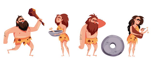 Cave people characters tribe life isolated set. Vector flat cartoon graphic  illustration