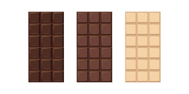 ilustrações, clipart, desenhos animados e ícones de barra de chocolate em branco - leite, branco e escuro. ilustração vetorial para embalagem em branco ou outros elementos de design de alimentos. - box blank brown white