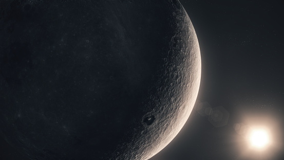 3d render The sun illuminates the moon's surface in space(close-up)