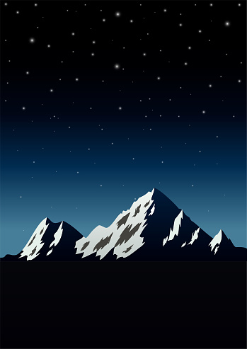 Night Blue Landscape with Mountains and Bright Stars in the Sky