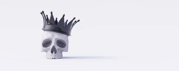 Photo of Human skull with king black crown on white background 3d render