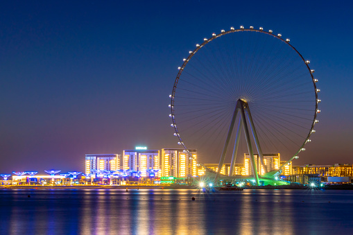 Dubai, UAE - 27 10 2020: Ain Dubai or Dubai Eye, at Bluewaters manmade Island in the United Arab Emirates, is the world’s tallest and largest observation wheel, with a height of over 250 m. The wheel opened on 21 October 2021.