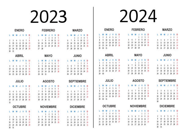 illustrations, cliparts, dessins animés et icônes de calendrier espagnol 2023 2024 ans. la semaine commence le lundi. vecteur - calendrier 2024