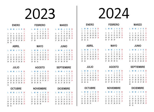 Spanish calendar 2023 2024 years. Week starts on Monday. Vector Spanish calendar 2023 2024 years. Week starts on Monday. Vector illustration january in spanish stock illustrations