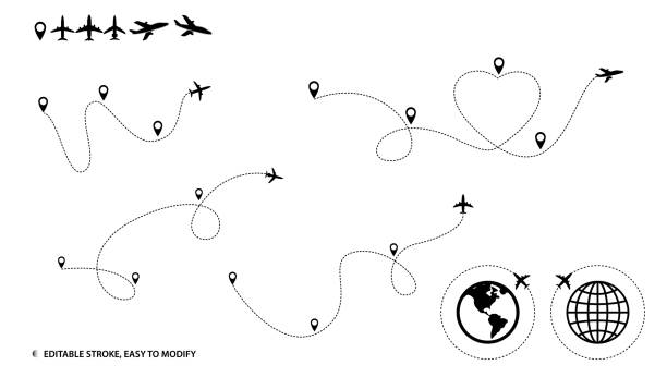 set of silhouette air plane route or air plane line path with dash line editable stroke, eps vector set of silhouette air plane route or air plane line path with dash line editable stroke, eps vector airplane silhouette commercial airplane shipping stock illustrations