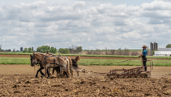 Lancaster County, Pennsylvania-May 5, 2022: Amish farmer plows field.