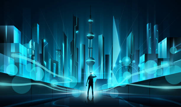 Metaverse future blue cityscape perspective view, Metaverse technology world concept, vector illustration Metaverse future blue cityscape perspective view, Metaverse technology world concept, vector illustration eps10 urban sprawl stock illustrations