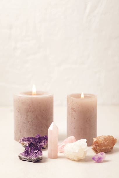 istock Healing chakra crystals therapy. Alternative rituals, gemstones for wellbeing, meditation, destress 1396160836