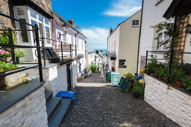 Clovelly, North Devon, United Kingdom - May 31, 2021. View of the old houses, pebble road to the beach, selective focus