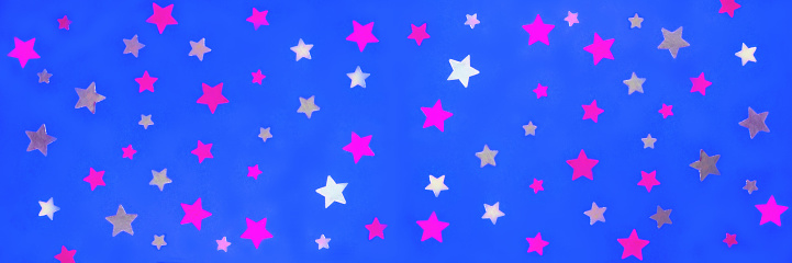 Colorful stars on the blue background. Abstract decoration for party, birthday celebrate, event, festive. Festival stars decor.