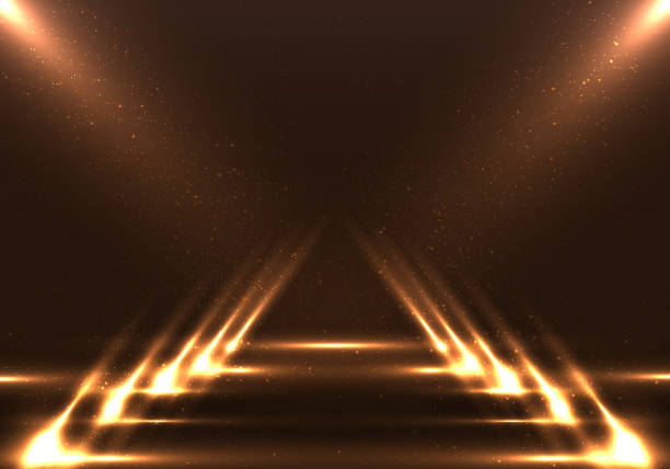 istock Empty fashion runway stage brown scene background with walkway spotlights and dust particles 1396162318