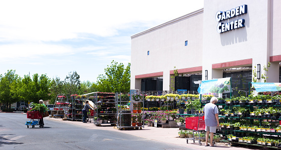 Santa Fe, NM: People shopping for plants outside at Lowe's Garden Center on the outskirts of Santa Fe.