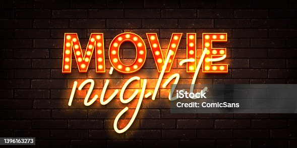 istock Vector realistic isolated retro marquee neon billboard with electric light lamps of Movie Night logo on the wall background. 1396163273