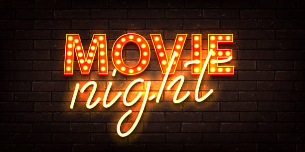 Vector realistic isolated retro marquee neon billboard with electric light lamps of Movie Night logo on the wall background. Vector realistic isolated retro marquee neon billboard with electric light lamps of Movie Night logo on the wall background. premiere event stock illustrations
