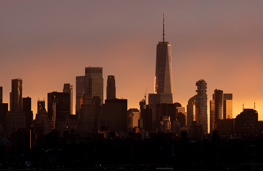 Morning view of the One World Trade Manhattan skyline in New York City.
