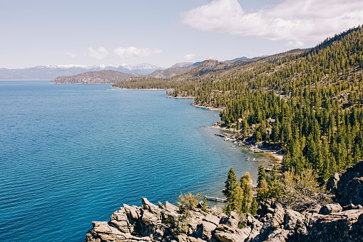 View to the picturesque Lake Tahoe in spring. Beautiful landscape on sunny day