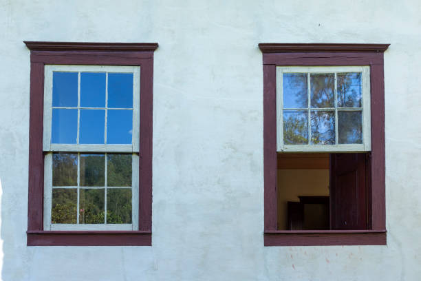 windows on facade of colonial house on farm in Monteiro Lobato, city on countryside of Sao Paulo state, Brazil