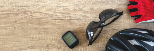 istock Banner with cycling stuff on a wooden background in the corner 1396170000