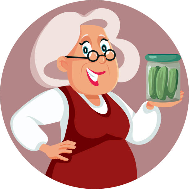 Senior Woman with a Jar of Pickles Vector cartoon Character Happy grandma holding canned preserved cucumbers in traditional vinegar liquid vinegar stock illustrations