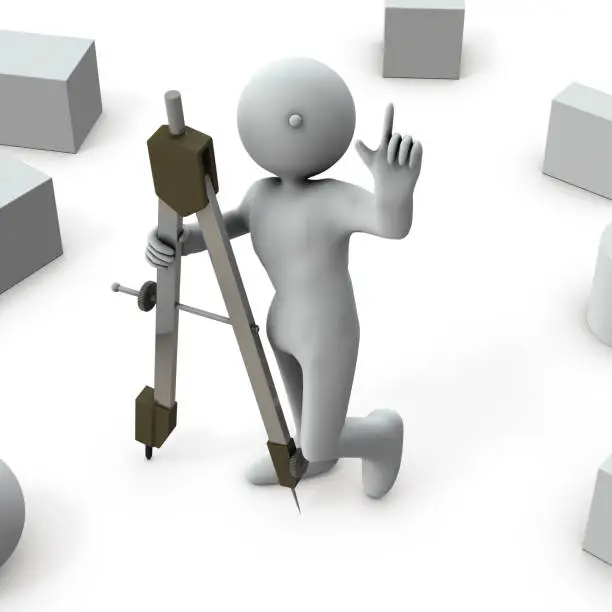 Photo of A designer with a large compass. A technician who solves a problem. Ideas and designs. Isolated white background. 3D rendering.