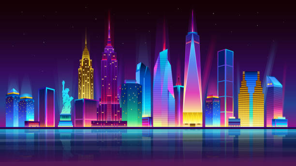 Night New york City Night New york City illuminated by neon lights. Modern buildings and skyscrapers. Vector illustration. new york skyline illustration stock illustrations