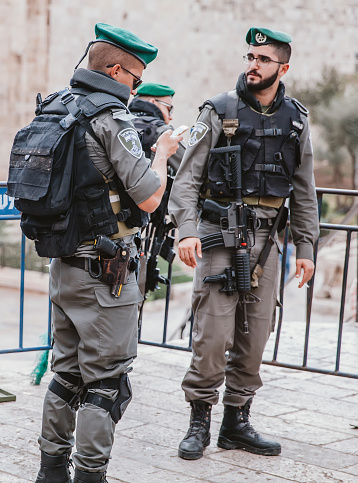 Jerusalem, Israel- April 30, 2022: Armed forces in Jerusalem old city.