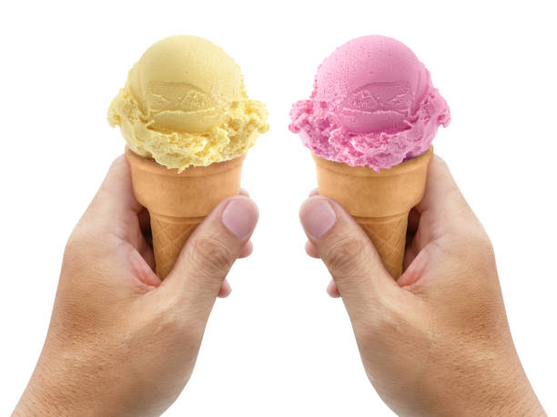 A man hand holding an ice cream cone on a white background