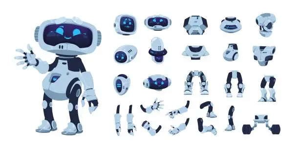 Vector illustration of 2204.m10.i022.n020.P.c30.1741656662 Robot animation set. Cartoon android character with artificial intelligence, various heads legs arms and body. Vector cute futuristic robot