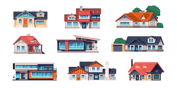 Cartoon cottage houses. Country and city building for rent, village modern and rural two-story real estate. Vector isolated set. Private luxury mansions made of stone and glass with terrace