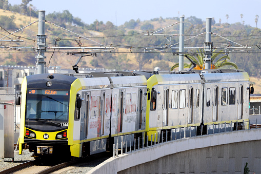 Los Angeles, California, USA - May 8, 2022: Los Angeles Metro Gold line northbound train departure from Los Angeles Union Statio, heading towards Azusa.