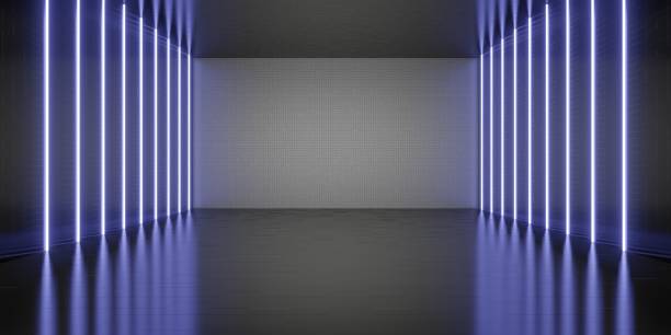 istock Hexagon laser light room background Neon light Technology style floor and wall 3D illustration 1396187475