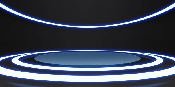 istock room and circle wall Laser light and spherical fluorescent lamp Technology style floors and walls 3D illustration 1396187478