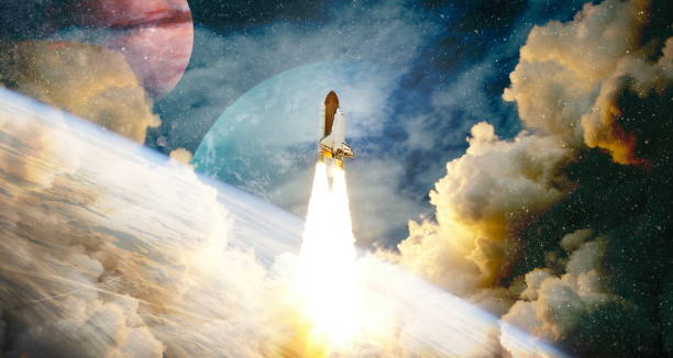 istock Rockets launch into space on the starry sky. Rocket starts into space concept.Elements of this image furnished by NASA 1396190536