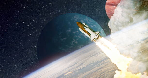 Rockets launch into space on the starry sky. Rocket starts into space concept.Elements of this image furnished by NASA stock photo