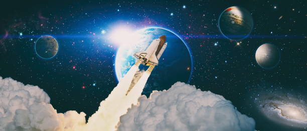 Space shuttle orbiting Earth planet.Rockets launch into space on the starry sky.  Elements of this image furnished by NASA stock photo