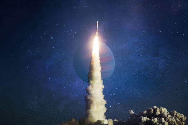 istock Spaceship flight.Space shuttle launch in the clouds to outer space. Dark space with stars on background.  Elements of this image furnished by NASA 1396190603