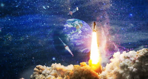 istock Spaceship flight.Space shuttle launch in the clouds to outer space. Dark space with stars on background.  Elements of this image furnished by NASA 1396190616