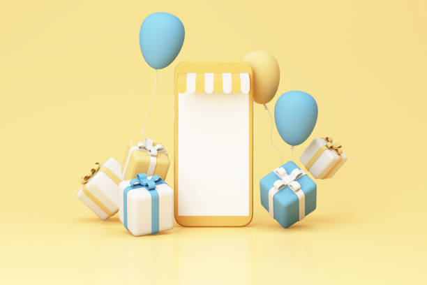 istock Online store concept gift box with balloon and phone screen on yellow background realistic 3d rendering 1396191373