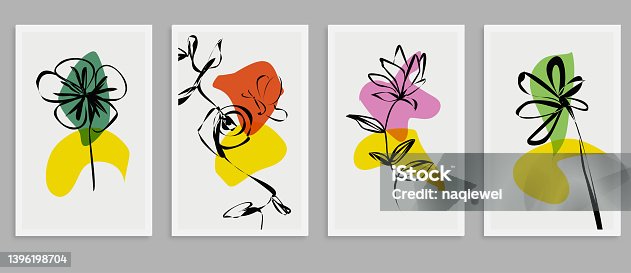 istock Vector set of creative minimalist hand drawn foliage flower and colors geometric element illustrations for wall decoration postcard or brochure cover card banner,Abstract Backgrounds Collection 1396198704